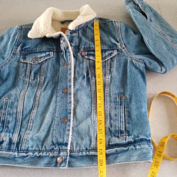 LEVI'S Premium Big E Denim Sherpa Lined Snap Button Front Trucker Jacket Women M - Picture 3 of 7